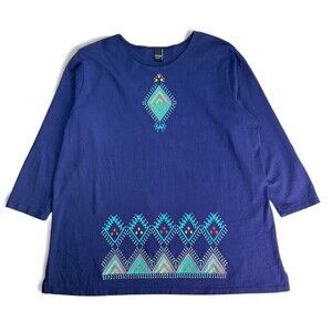 SABAKU Artsy Top Size 1X Ethnic Aztec Southwestern Print Navy 3/4 Sleeve BOHO